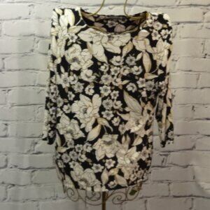 JM Collection Black, White & Gold Floral Print Tunic, Like New